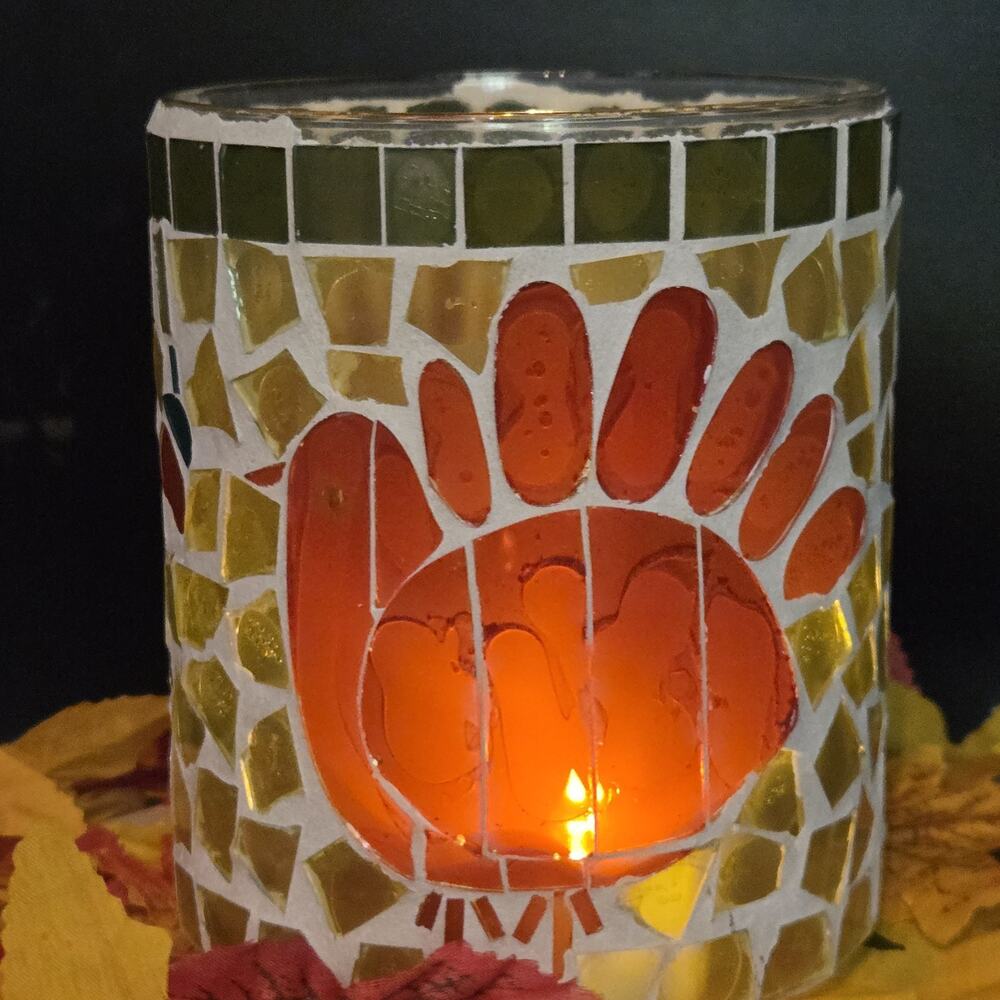 Mosaic Glass Turkey Tealight Candle Holder Orange Red Thanksgiving Centerpiece